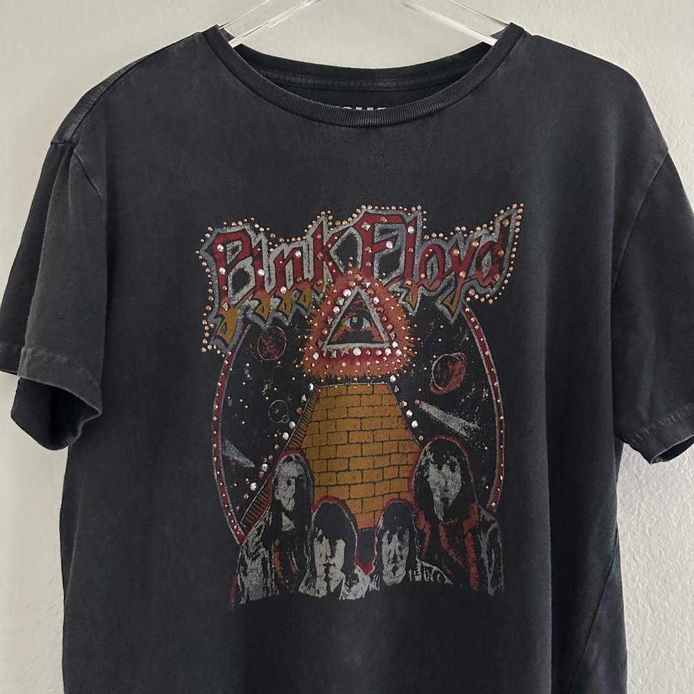 Lucky Brand Pink Floyd Studs Boyfriend Tee T-Shirt M Black Faded Rock Cotton